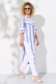 Garnitur Euromoda #338 kostyum shirokaya sero-sinyaya poloska