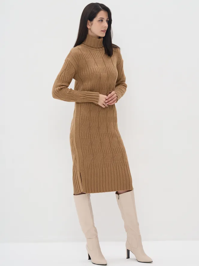 Camel sweater dress with over-the-knee boots