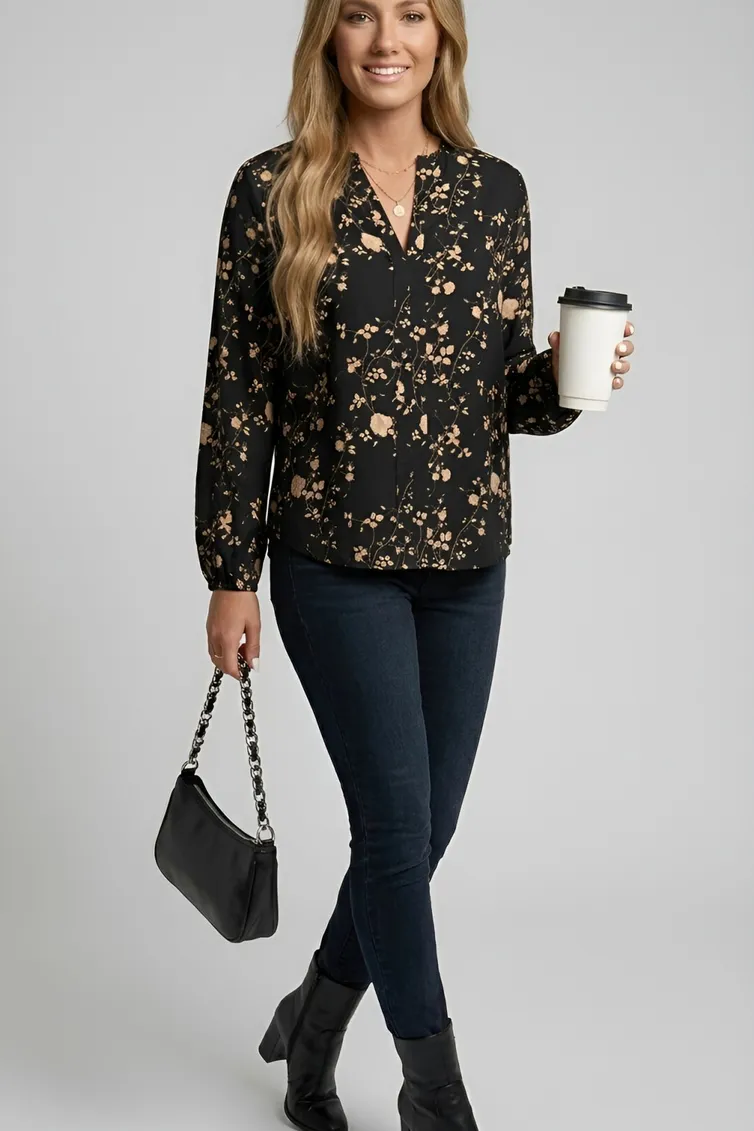Blouse Abbi #4080 chyornyj s bezhevym printom