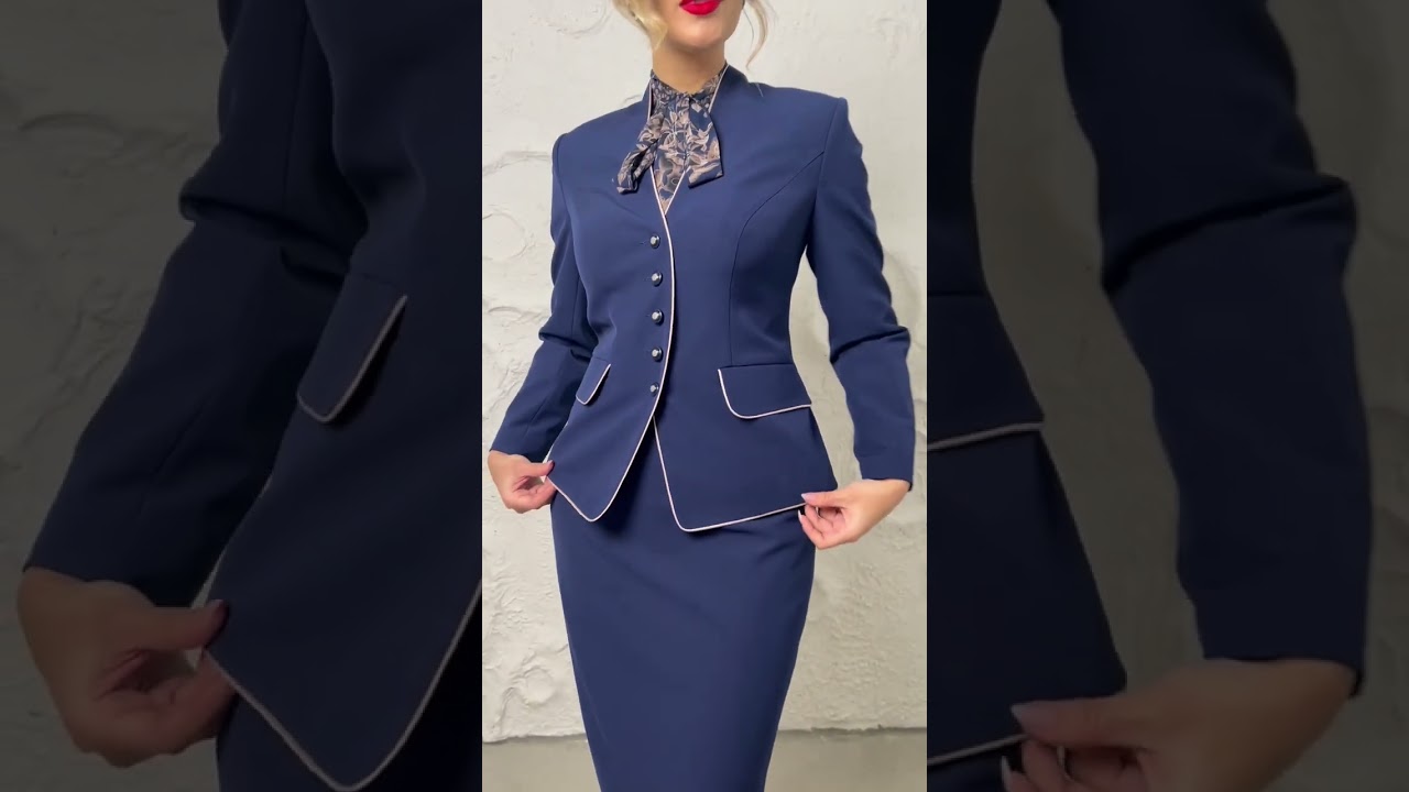 Классический костюм-тройка с блузой 2808 sinij bezhewyj