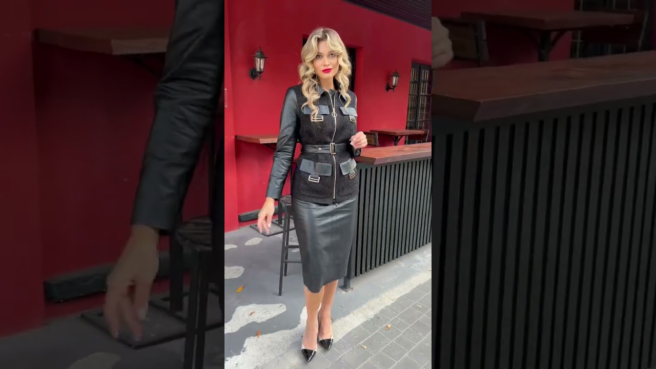 Костюм с кожаной юбкой Мода-Юрс артикул 2613 chernyj