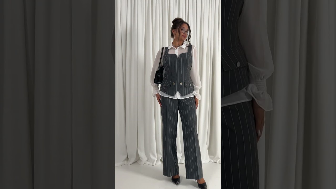 6417 костюм женский тройка размерный ряд с 46 по 52 цвет. Полоска +серый