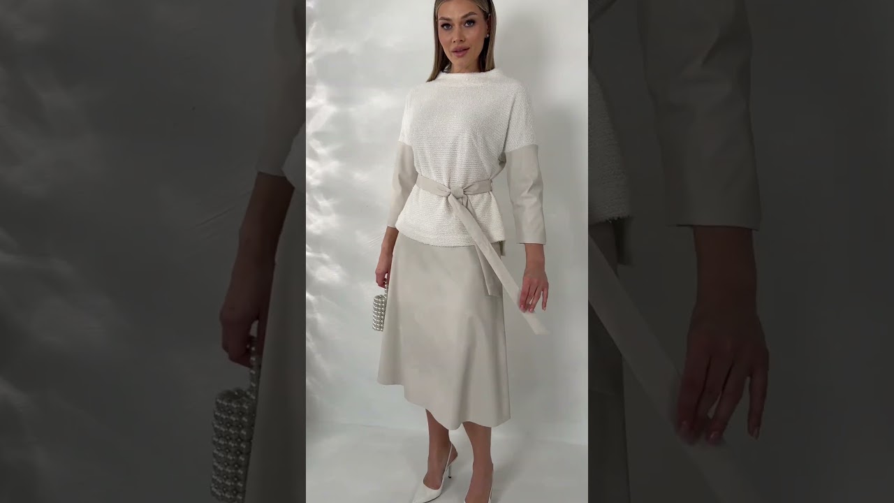 Костюм-двойка с кожаной юбкой Мода-Юрс арт 2718 beyj  #fashion  #модныепоказы  #стиль