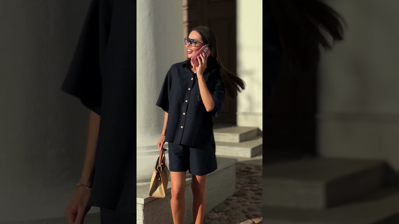 Синий льняной костюм с шортами - морской стиль для города и отпуска. 25-617-1 URS.by