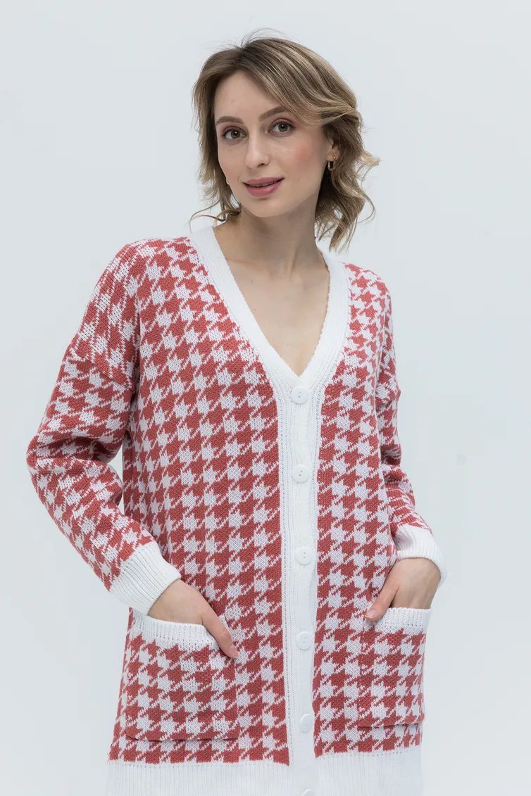 Cardigan Romgil #TZ692P belyj, temno-korallovyj